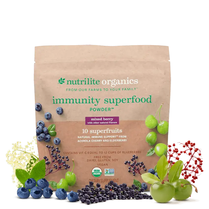 Amway Nutrilite Organics Immunity Superfood Powder 30 Servings | Organic Superfruit Blend with Acerola Cherry & Elderberry | Berry Powder Mix | Acerola Cherry | Elderberry | Plant-Based Ingredients | 30 Servings | Nutrilite Organics Powder | Fruit Blend