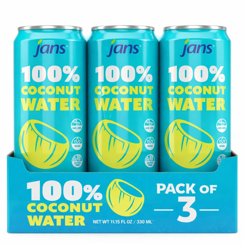 Jans 100% Coconut Water No Added Sugar 11.15oz (Pack of 3) Pure Coconut Refreshment, Vegan, Gluten-Free, Hydration with Electrolytes