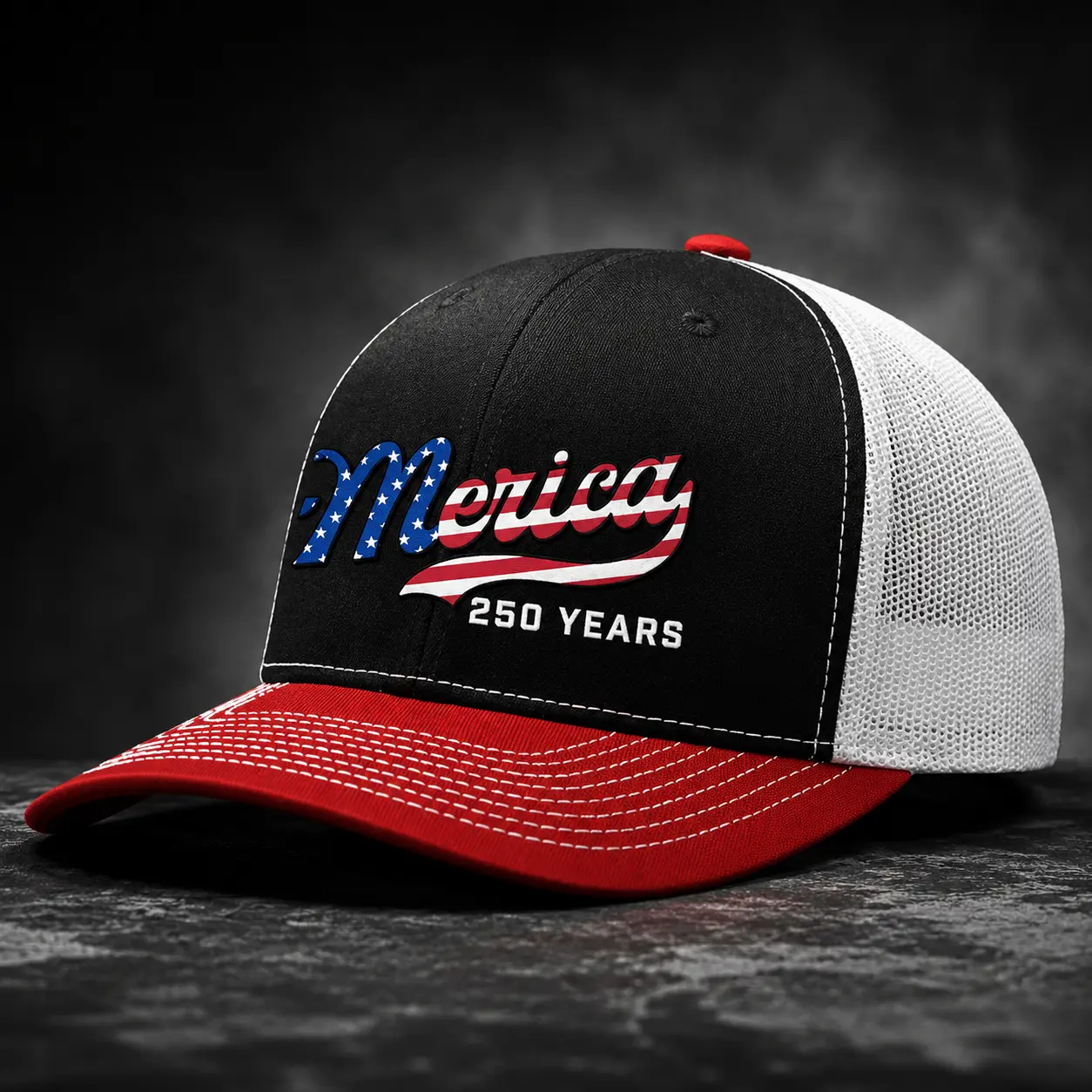 TRENZ SHIRT COMPANY Men's 250th American Anniversary Trucker Hat Patriotic USA Flag 'Merica Beer Logo Embroidered Mesh Back One Size Fits Most Tucker Hat