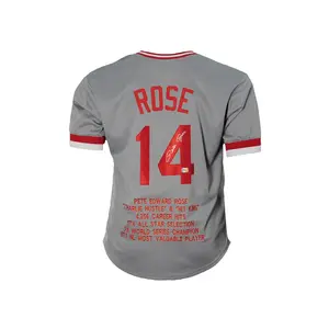 Pete Rose Autographed Cincinnati Gray Baseballs Stats Jersey JSA