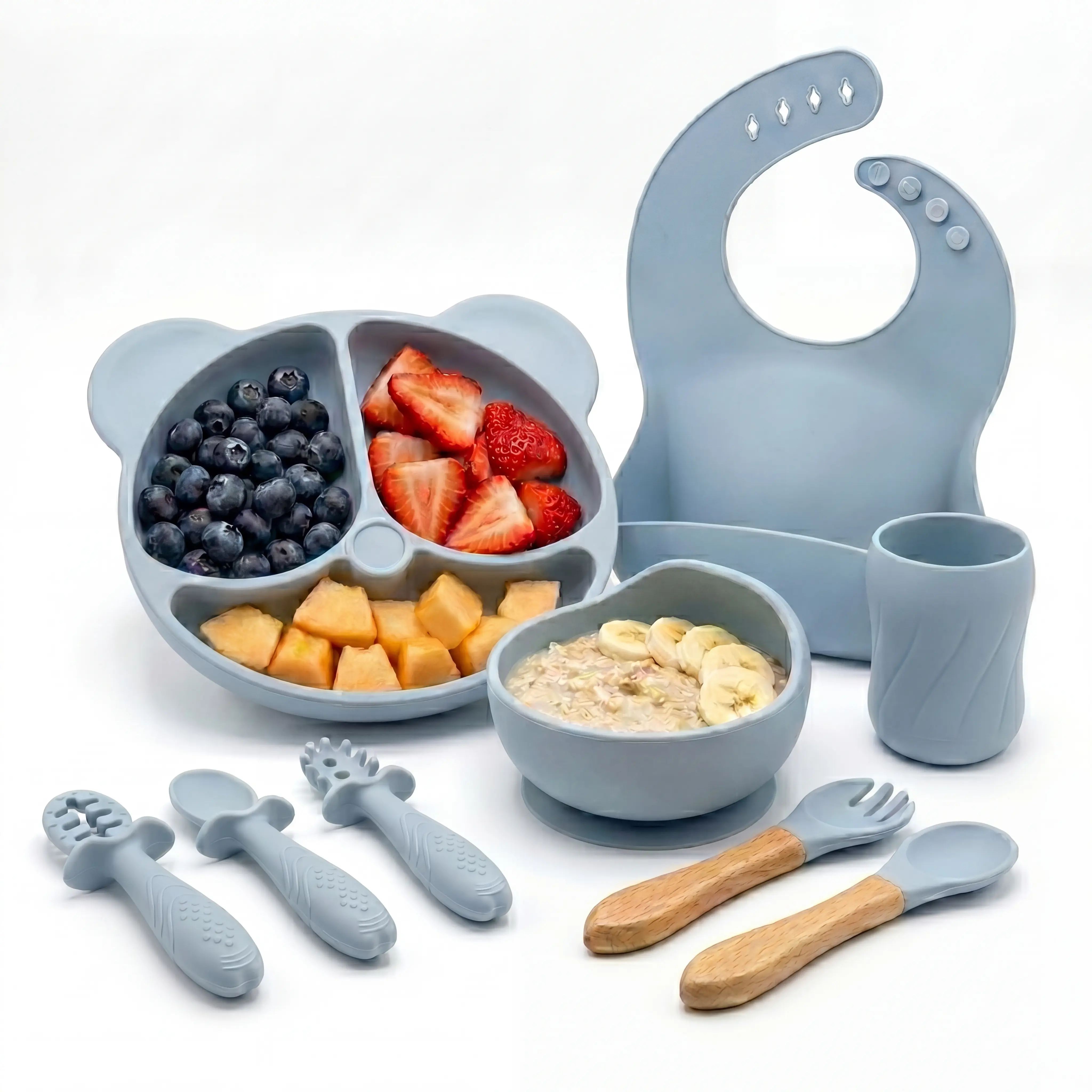 Bear Design Silicone Feeding Set (9PCS), Baby Plate & Snail Bowl & Bib & Training Spoons (3PCS) & Fork Spoon Set & Curvy Straw Cup, Baby Dinnerware Set, #SummerVibes
