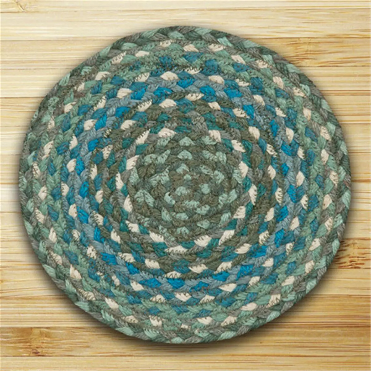 212 MAIN Round Hand-Stenciled Jute Miniature Rug - Eco-Friendly Equestrian Leisure Accent, Sage, Ivory, Settlers Blue, 10x10 in