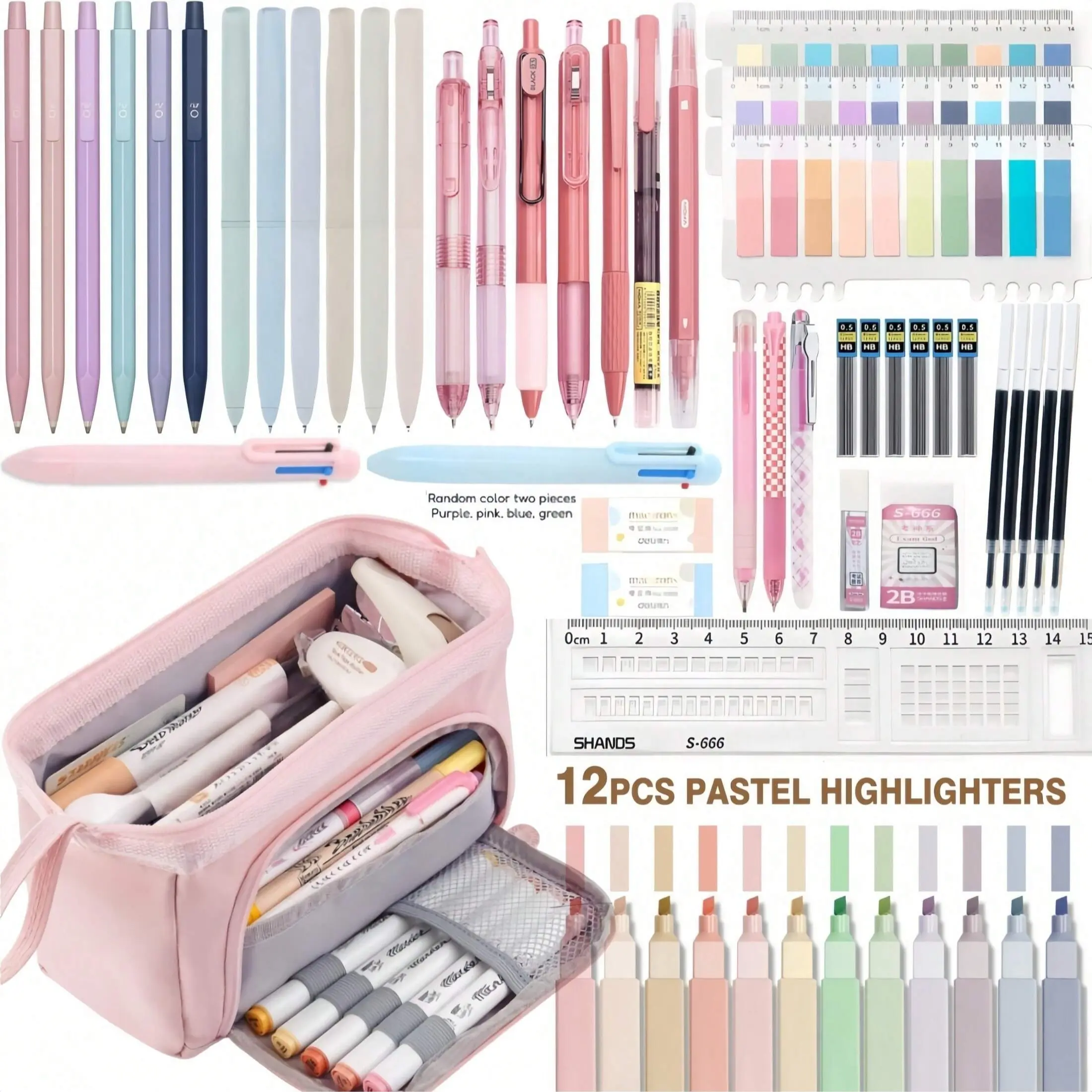 56 Pcs Aesthetic School Study Supplies, Classroom Supplies, Stationery Set, Cute Pencil Case, 12 Pastel Highlighters, 7 Ink Gel Pens, 6 Mechanical Pencils 0.5mm, Office & College Essentials