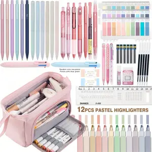 56 Pcs Aesthetic School Supplies, Stationery Set, Cute Pencil Case, 12 Pastel Highlighters, 7 Ink Gel Pens, 6 Mechanical Pencils 0.5mm, Office & College Essentials