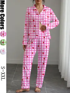 Women's Fall Winter Long Sleeve Sleepwear Set, Strawberry Print, Elegant Casual, Comfortable Lapel Top & Wide Leg Pants