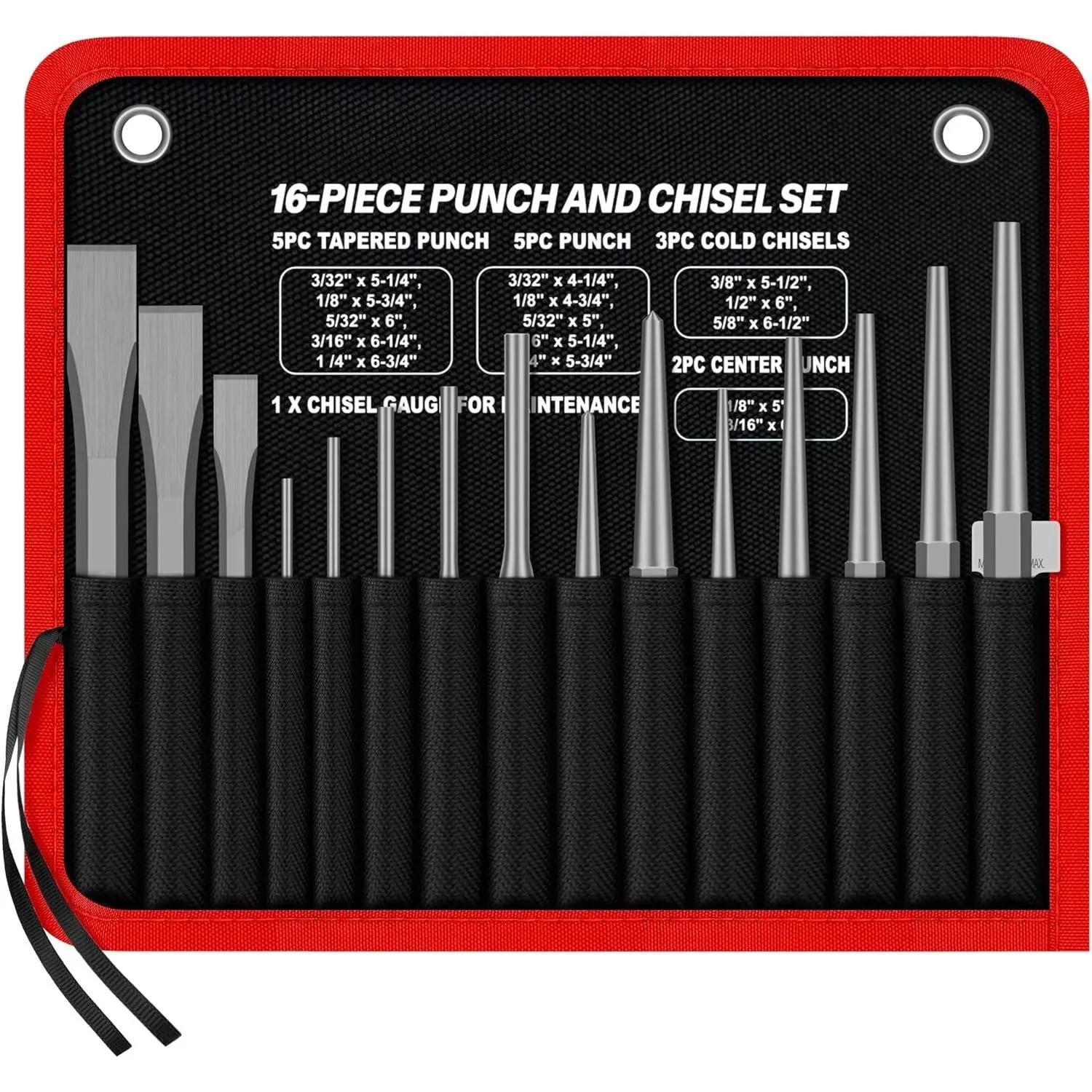 16- Punch and Chisel Set with Storage Pouch, Including Taper Punch, Cold Chisels, Pin, Center Punch, Chrome Vanadium Steel
