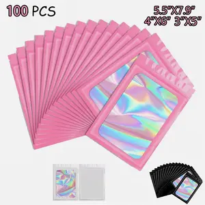SJPACK 100 PCS 8x13cm/10X15cm/14X20cm Smell Proof Mylar Bags Holographic Resealable Zip Foil Pouch Reusable White/ Black/ Pink Bags Storage Bags Accessory Aluminium