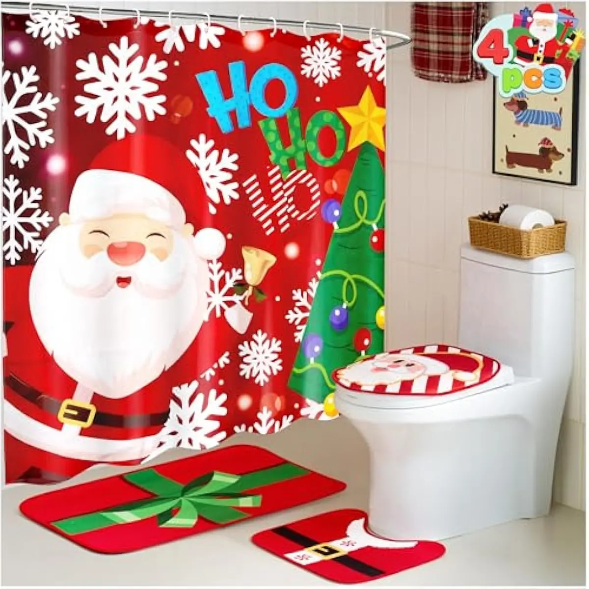 4 Pcs Christmas Bathroom Set with Shower Curtain, Bath Mat, Toilet Lid Cover, U Shape Rug & Hooks, Xmas Bathroom Decor Santa Claus Theme for Holiday Use Party Favors Indoor