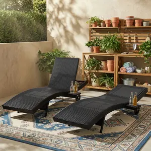 Set of 2 Adjustable Wicker Chaise Lounge Chairs with Wheels & Pull-Out Side Table, Outdoor Rattan Reclining Chairs with Ergonomic Wave Design for Poolside Patio