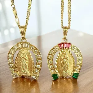 Virgin of Guadalupe Necklace 14K Gold Plated with Cubic Zirconia Unisex Design 5cm Pendant 24 Inch Chain Faith Gift