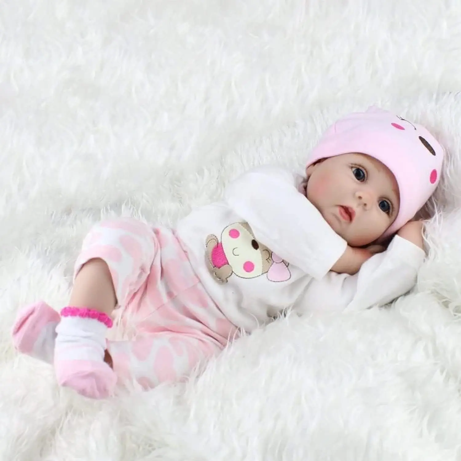 20 Inch Realistic Reborn Baby Doll Girl, Lifelike Soft Cloth Body Newborn Doll with Pink Bear Hat Outfit, Pacifier Bottle Accessories, Kids Play Toy Birthday Christmas Gift for Girls 3+