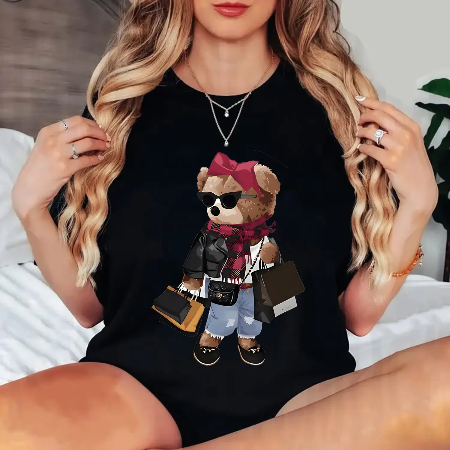 women s summer trendy cotton T-shirt casual bear print round neck short sleeve top knitted polyester fabric animal pattern all seasons