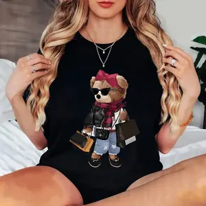 women s summer trendy cotton T-shirt casual bear print round neck short sleeve top knitted polyester fabric animal pattern all seasons