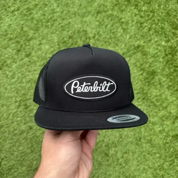 Peterbilt Embroidered Patch Edgy Flat Bill Statement Trucker Hat, Gray & White Mesh Snapback Cap for Sports & Outdoor Use