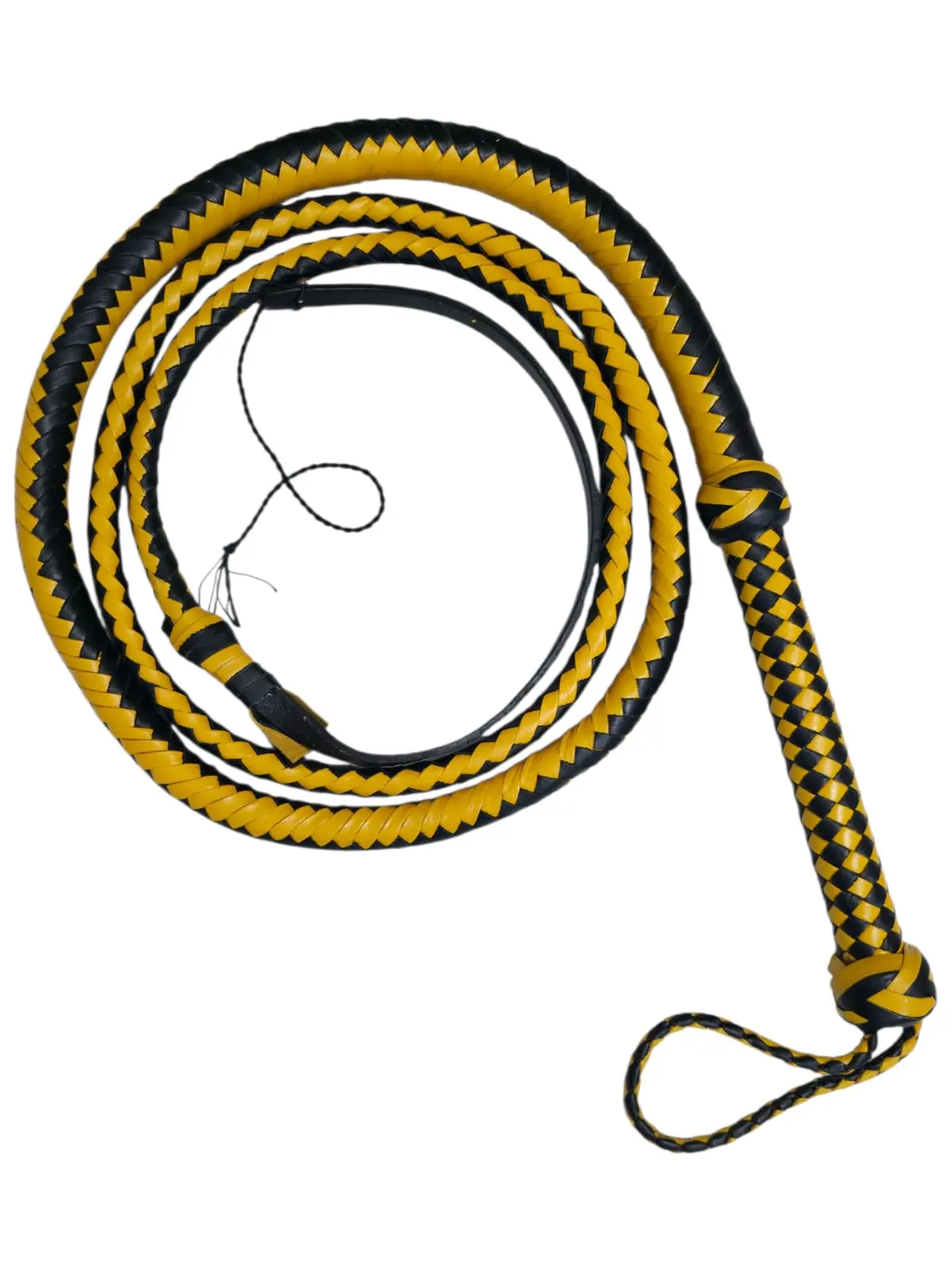 Genuine Cowhide Leather Bullwhip, 2-Tone Black Yellow 12-Plait Hand-Braided Indiana Jones Style, 6-10ft Durable Equestrian Training Whip