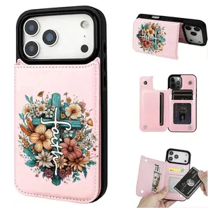 Phone Case - Floral Cross Design Wallet Card Holder Case With Credit Card Slots For Iphone 17 16 15 14 13 12 PRO MAX PLUS,AIR , As Well As A Cute Phone Case For Samsung Galaxy S22, S23+, S24 Plus lovely gift