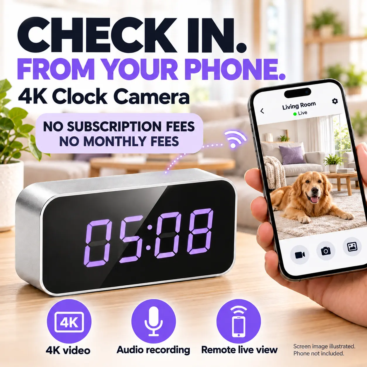4K Wireless Security Clock Camera – 5G & 2.4G Wi-Fi,Indoor Video Recording, Modern LED Clock Display, Compact Design & USB-C Power Input