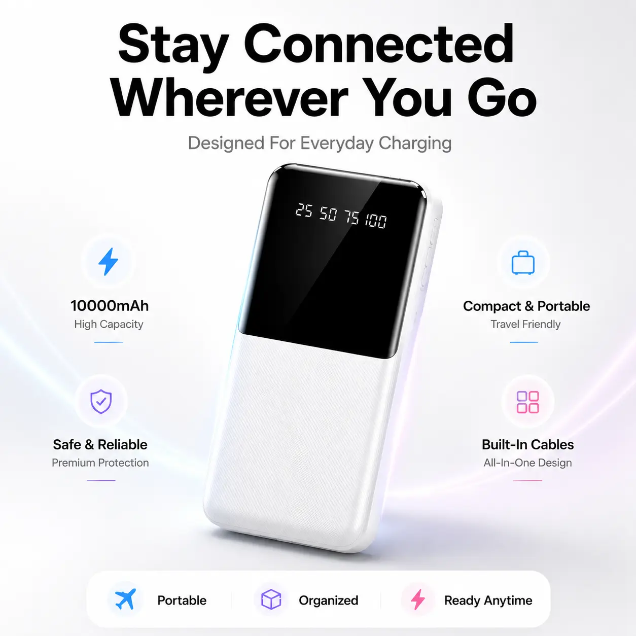 10000mAh Portable Charger with Built-in Cables, Digital Display, Compact Power Bank for Phone, Android, Tablets & More