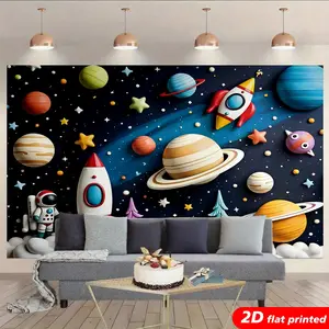 3D Space Tapestry Wall Hanging - 2D Flat Printed with Rocket, Planet, Astronaut, Star Designs, Adventure-Themed Kids Room Decor Photo Backdrop, Ideal Birthday Gift for Boys