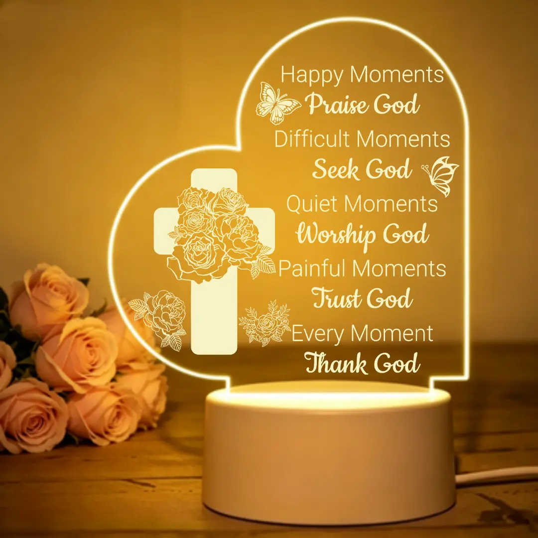 Christian Acrylic Night Light - "Every Moment Thank God" Religious LED Lamp, Inspirational Cross & Rose Heart-Shaped Night Light for Faithful Gifts