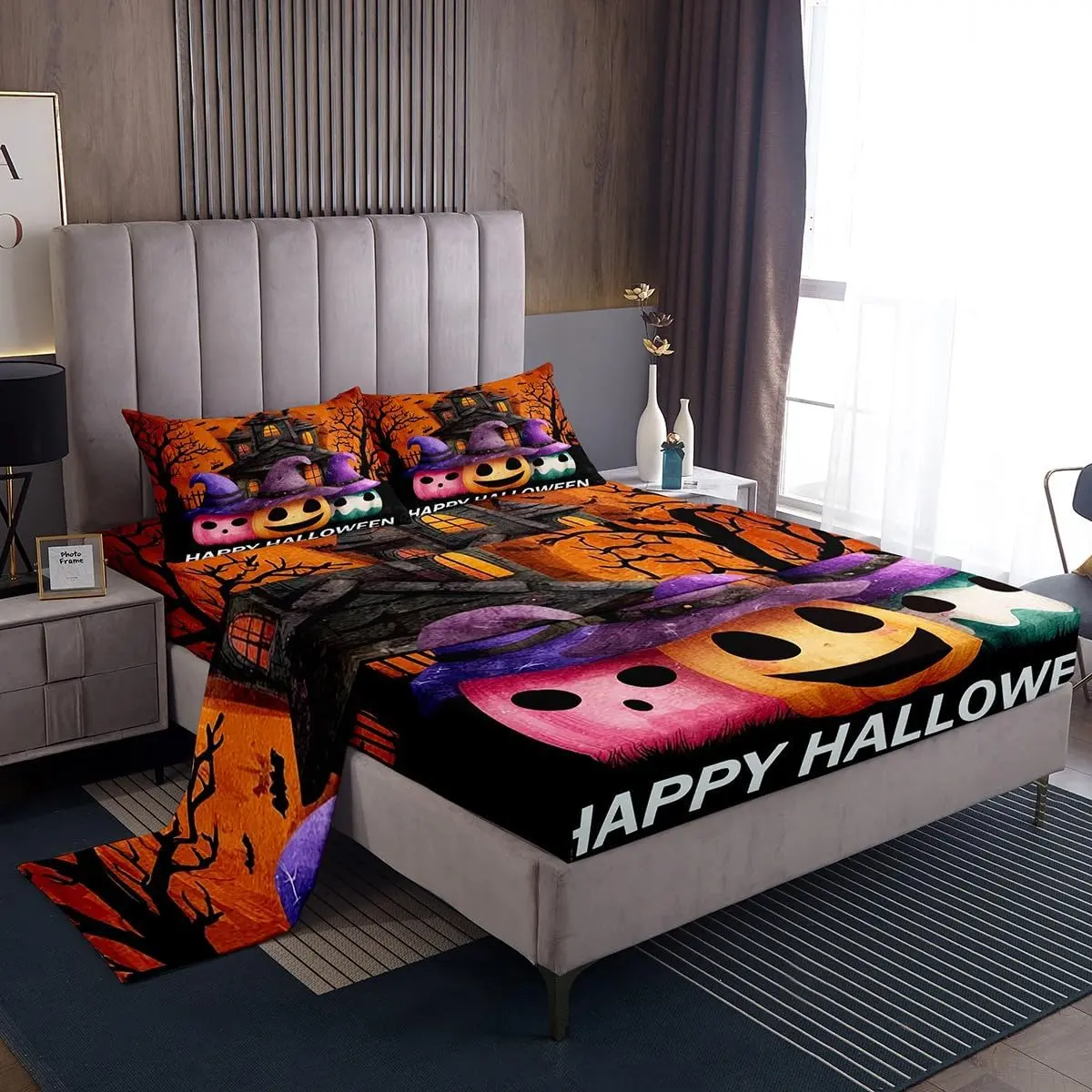 Halloween Decor Bed Sheets Set Pumpkin Bed Set Witch Hat Deep Pocket Fitted Sheet Haunted Houses Breathable Soft Lightweight Microfiber