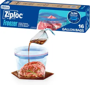 Ziploc Kitchen Plastic Containers, Gal-Size Food Storage Freezer Bags, Stand-Up Bottom, Easy-to-Fill Design, 16 Count, Line, Gallon