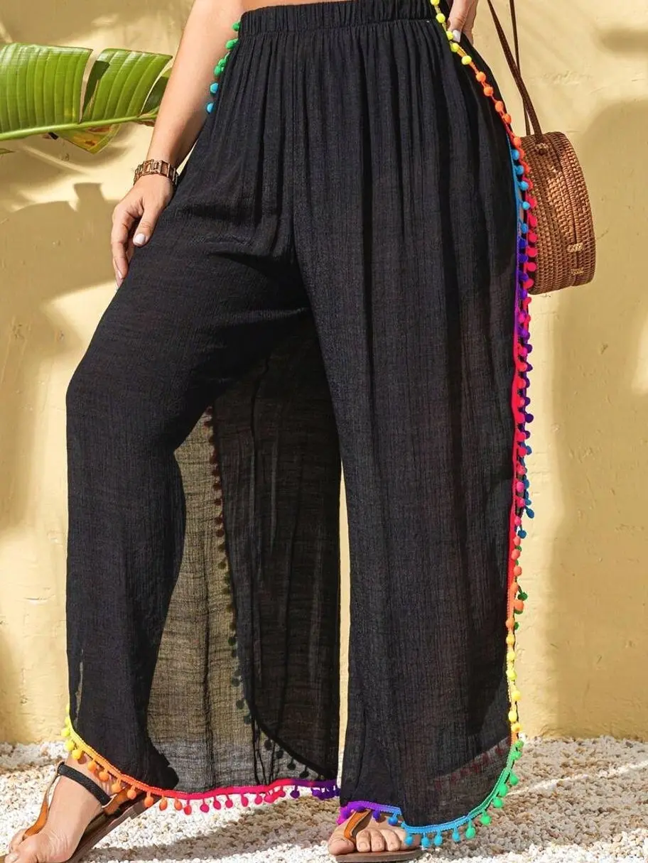 Plus Size Tassel Trim Side Slit Cover-Up Pants - Modest Beach Casual Long Leggings