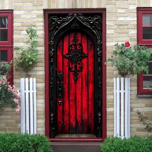 2pcs Gothic Retro Red Wooden Door Wall Sticker Stereo Simulation Door Decal Living Room Entrance Background Wall Decorative Painting Self Adhesive Removable Waterproof PVC Material Medieval Castle Style Ornaments