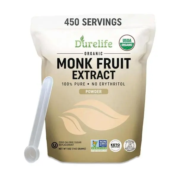DureLife Organic 100% Pure Monk Fruit Sweetener, No Erythritol, 5 Oz | Zero Calorie Sugar Substitute, No Fillers, Keto Certified, OU Kosher, USDA Organic, Non-GMO Project Verified