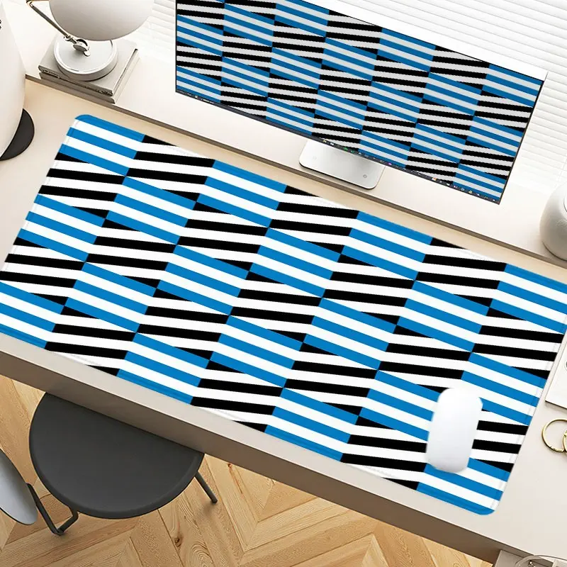 Blue Black White Abstract Geometric Op Art Desk Pad Gaming Mousepad XXL Mouse Pad For Laptop Desk Mouse Pad Extra Large With Non-Slip Rubber Base Stitched Edges Surface For PC Gamers Office Workers & Home Use Perfect Gift For Holidays And Special Occasion