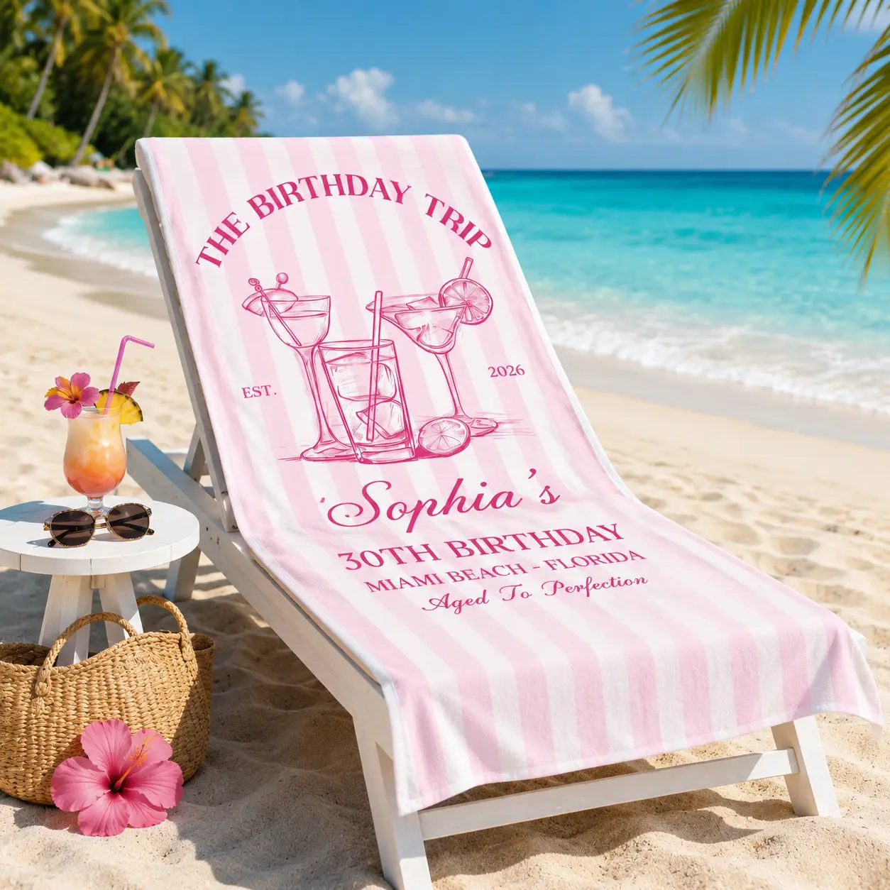 Women's Personalized Birthday Beach Towel - Custom Name, Tropical Palm Artwork, Multiple Colors, Pool Towel for Girls' Trip Vacation Gifts (Home & Bathroom Supplies)