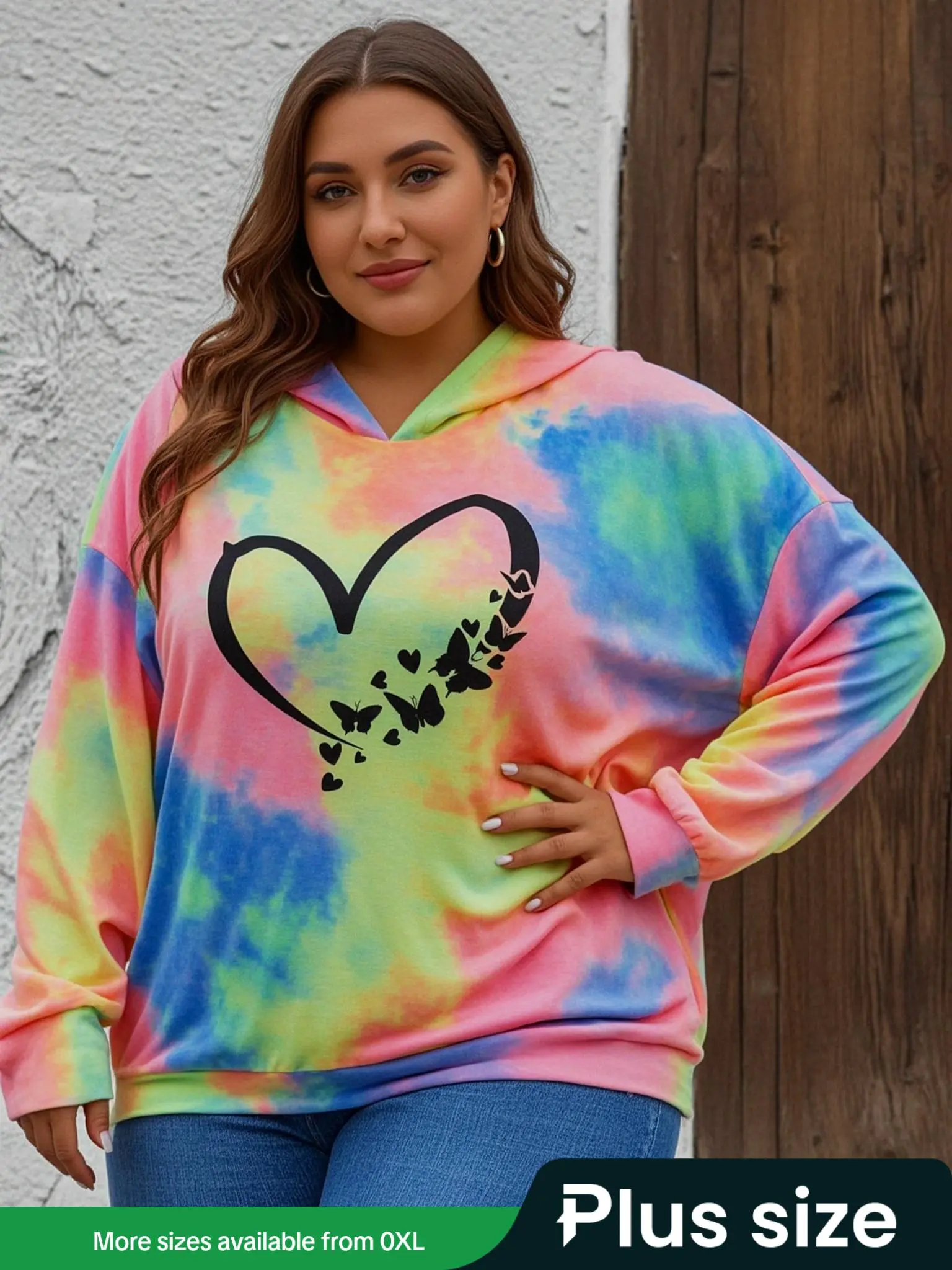 Plus Size Butterfly & Tie Dye Print Drop Shoulder Graphic Hoodie, Casual Long Sleeve Hooded Sweatshirt for Daily Outdoor Wear, Women Clothing for Fall & Winter, Cute Gift Sweatshirt, Casual Hooded Sweatshirts
