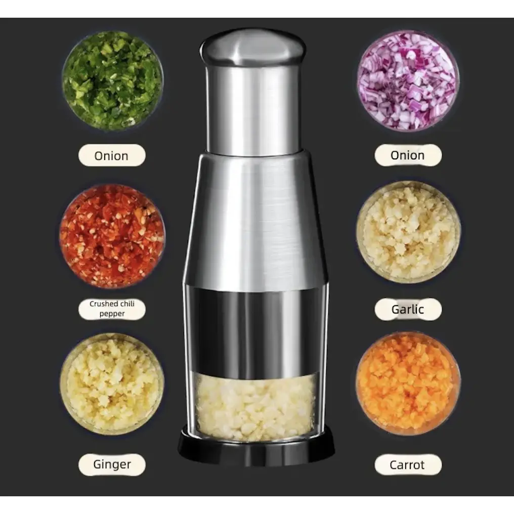 One-Push Garlic Chopper - Multi-function Kitchen Tool for Mincing Garlic, Ginger, Nuts - Thick 304 Stainless Steel, No Slip Grip