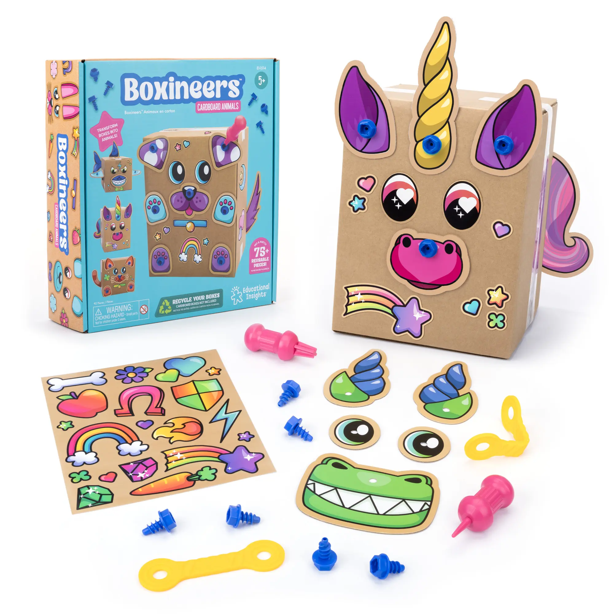 Educational Insights Boxineers Cardboard Animals and Vehicles - Creative Craft Supplies for Kids Projects, Cardboard Tools for Kids, DIY Fine Motor Activities, Kids Crafts and STEM Construction Kits