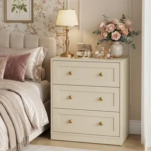 RoyalCraft 3 Drawer Dresser,Nightstand  with Golden Round Knobs, Large Bedside Table, Modern Wood End Table, Accent Side Table Chest of Drawers for Bedroom, Living Room, Hallway, Closet, White