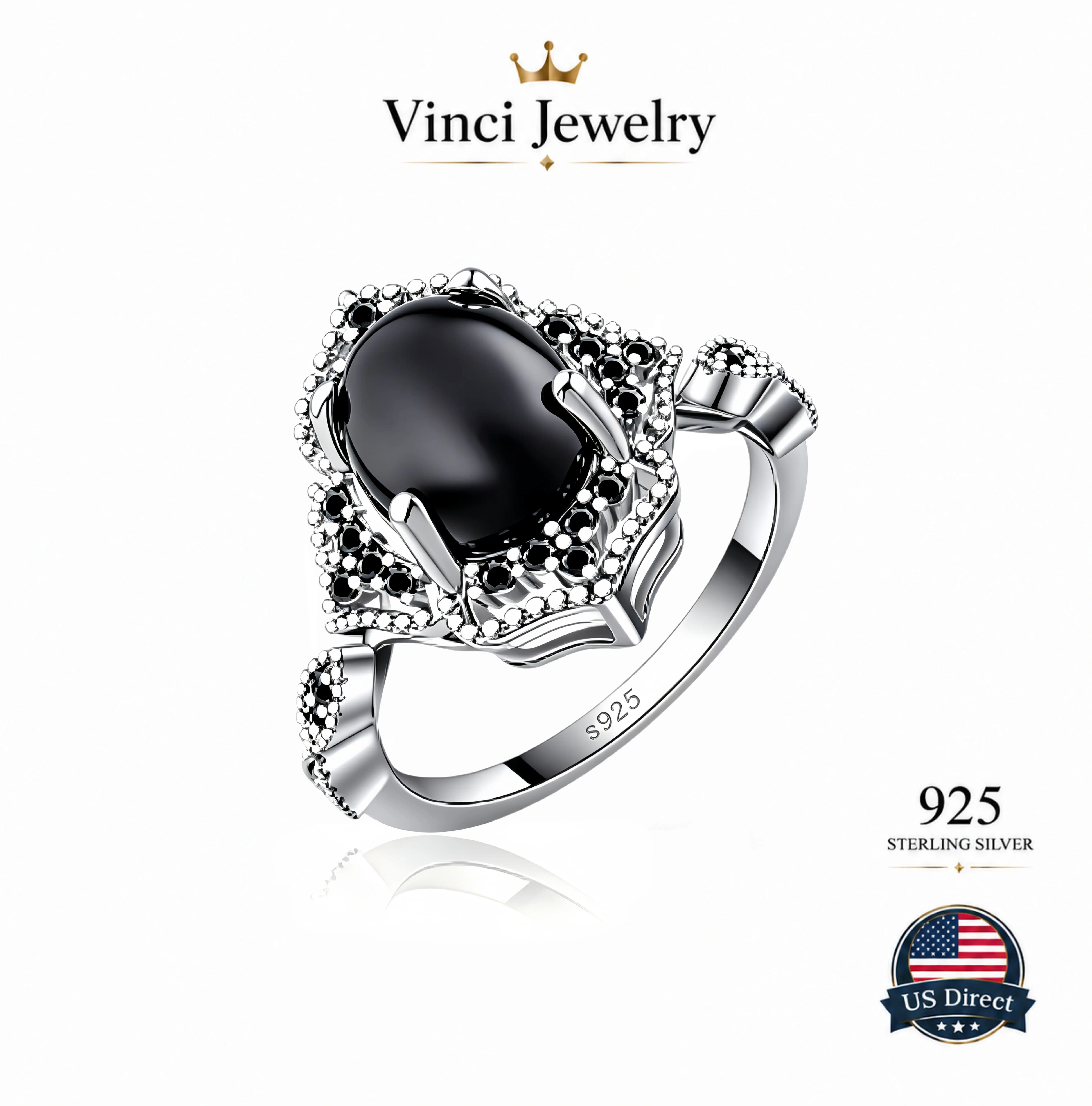 925 sterling silver, Vintage Gothic Black Onyx Sterling Silver Ring, Oval Big Stone Pave Band, Dark Grunge Witchy Statement Jewelry, Ideal for Party, Dating & Goth Outfit Match, Gift for Women Emo Alt Girls Punk Lovers  Fine Finger Ring US Shipping