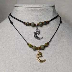 Crescent Moon And Star Stainless Steel Charm Ceramic Beaded Silver or Gold Boho Hippie Whimsical Adjustable Black Rope Cord Choker Stacking Necklace jewelry