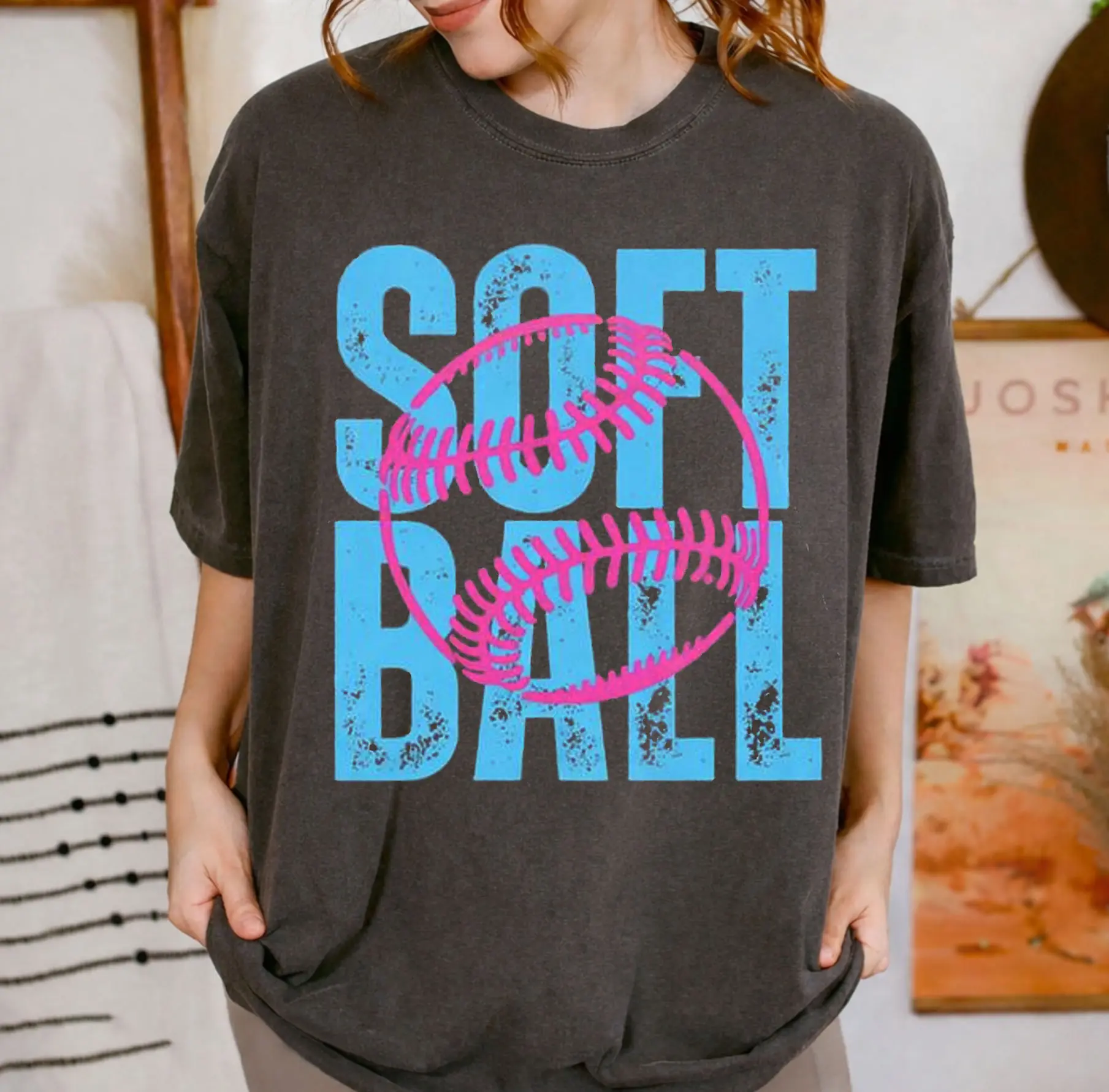 Softball Comfort Colors Cute T-shirt, Trendy Softball Team Tee, Oversized Softball Top Gift for Softball Mom