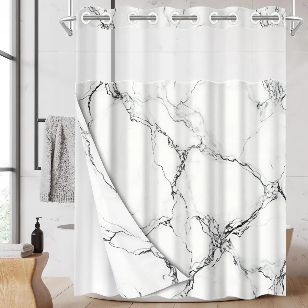 1pc hookless printed shower curtain with buckle lining, black and white marble texture pattern design, 2D flat printing, fabric waterproof lining, see-through double-layer shower curtain, 71 x 74 inches, bathroom curtain, modern home draping curtain