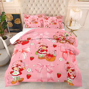 Strawberry Shortcake Comforter Set, Cute Cartoon Girl Pattern Bedding, Flower Printed Bedding, Kids and Young Adults Bedroom Decor, Includes 1 Quilt and 1-2 Pillowcases