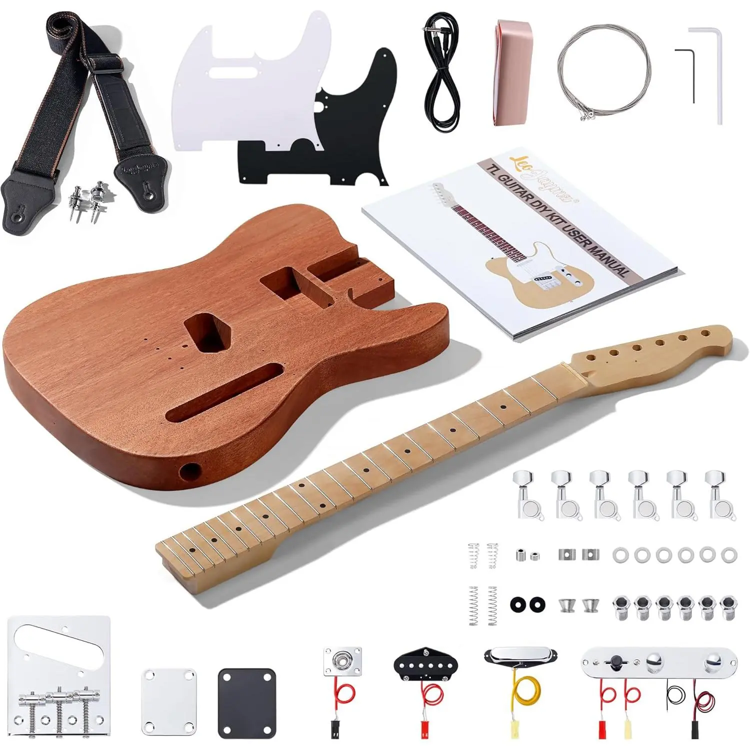 Leo Jaymz DIY TL Style Electric Guitar Kits with Mahogany Body and Maple Neck-Maple Fingerboard and All Components Included Build your own electric guitar kit Beginner guitar building project