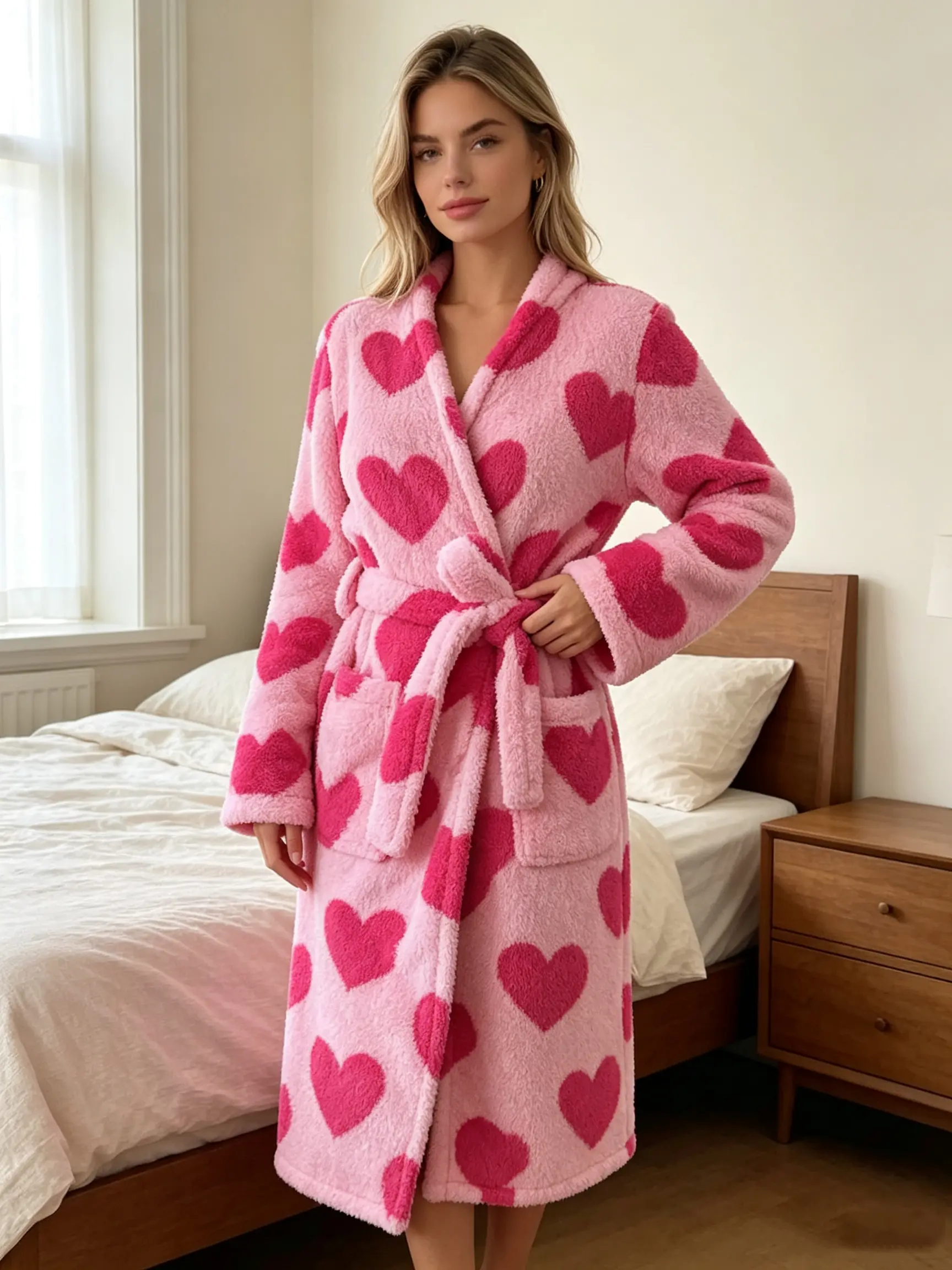 Pink heart-shaped comfortable cotton velvet bathrobe, fluffy, soft, comfortable cotton velvet lace up bathrobe, double-sided comfortable cotton velvet long nightgown, warm home daily casual long bathrobe. Girlfriend, best friend, family gift