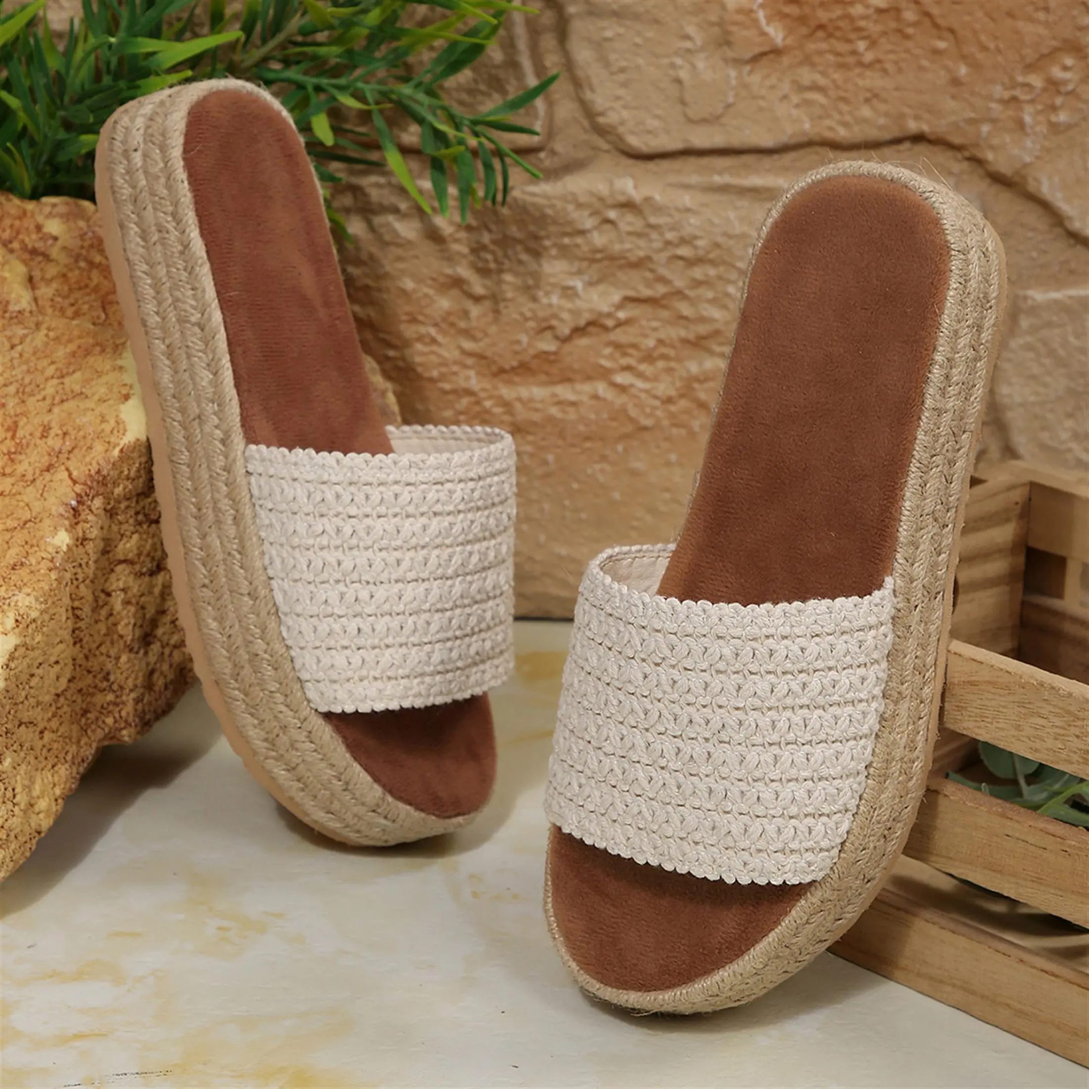 Women's Open Toe Woven Platform Slippers Espadrille Thick Sole Beach Footwear