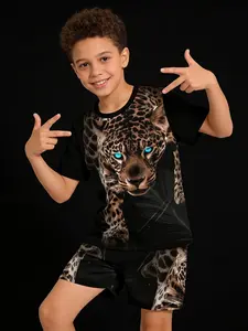 Boys' Blue Eye Leopard Print Tracksuit Set, Wild Animal Style, Bold Panther Texture, Casual Summer for Parties, Vacation, School