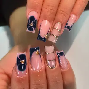 24pcs Medium Square Press-On Nails, Blue French, Floral & Leopard Print, Glossy Finish, Easy Wear Acrylic False Nails Set for Women & Girls, French Tips Nails, Flower Nails