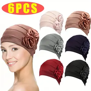 Women's 6-Piece Pre-Tied Turbans - Vintage Floral Print Scarf, Solid Color Head Scarf, Chemo Cancer Headwear, African Style Fashion Hair Accessory Gift (Bathroom Shower Cap Compatible)