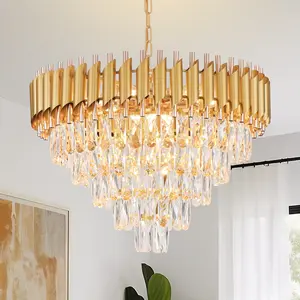 Modern Gold Crystal Chandelier, 5-Tier 23.2-Inch Dimmable Chain-Linked Pendant Light, K9 Crystal E12 Base Fixture for Living Room Dining Room Bedroom, Luxury Home Decor, Bulbs Not Included