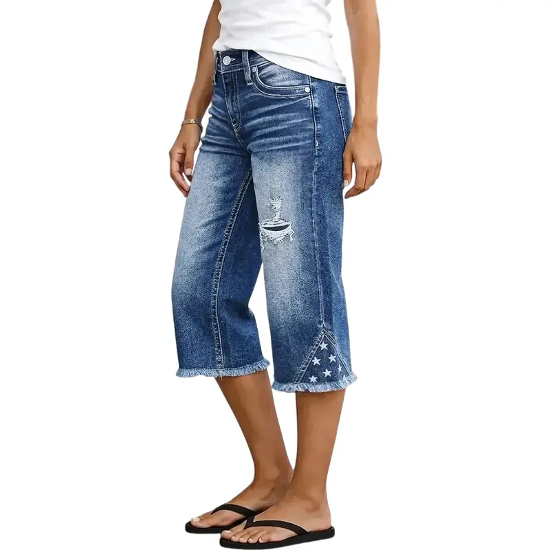 Flamingals Star Embroidery Raw Hem Ripped Mid Waist Wide Leg Capri Jeans Stretchy 17.9'' Inseam