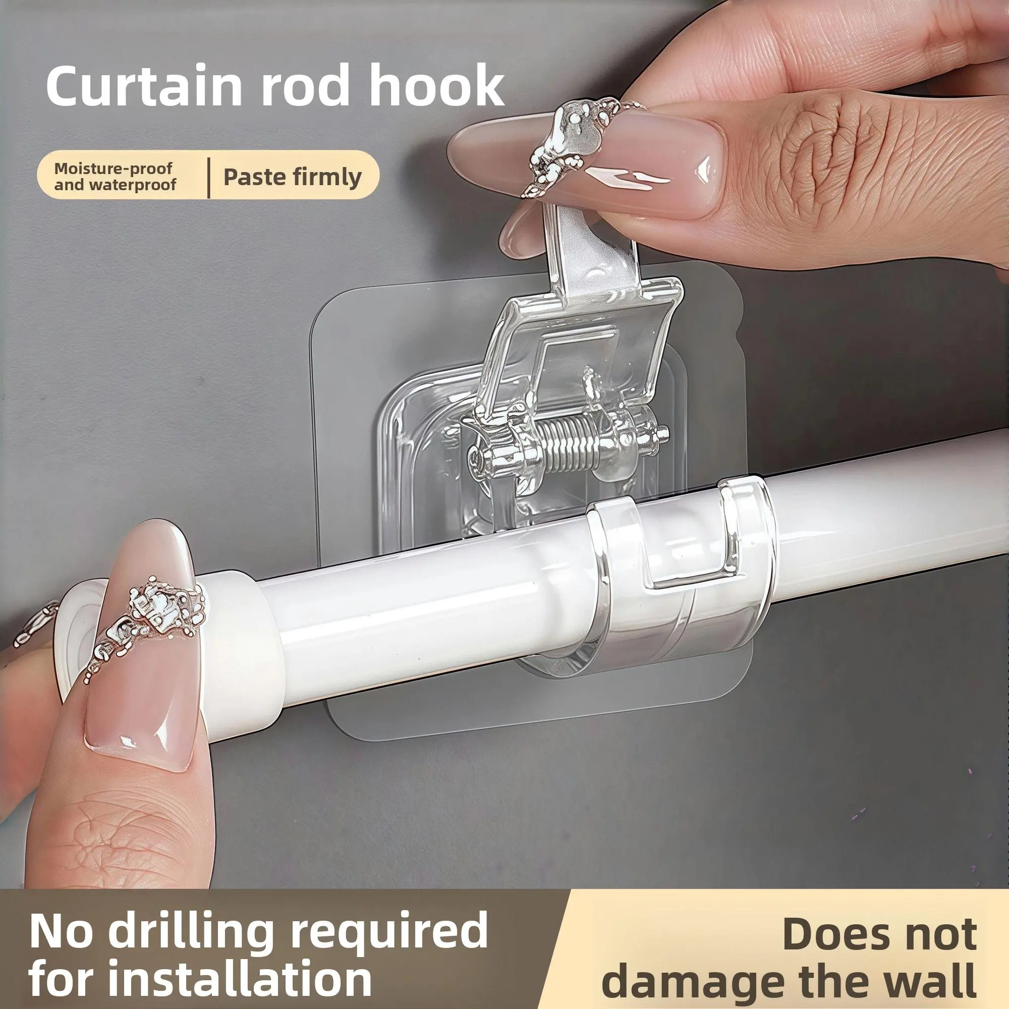 No-drill telescopic rod holder, thickened adhesive rod clip, bathroom ...