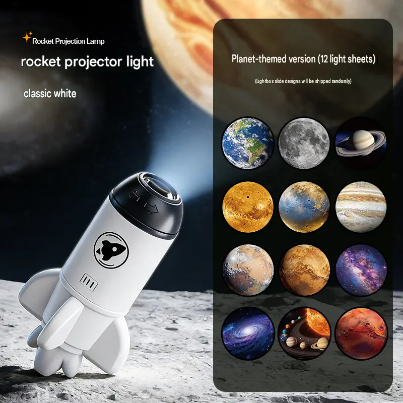 Cute Rocket Planet Projector Light with 12 Space Projection Slides, Portable Galaxy Star Night Light for Bedroom, Kids Gift, Room Decor Cosmic Lamp